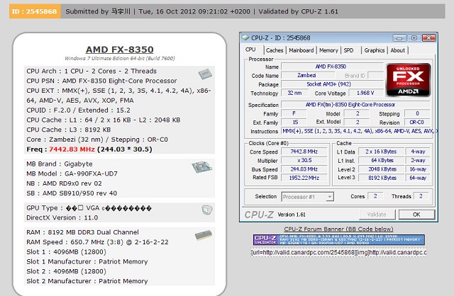 AMD FX-8350 podkręcony do 7442,83 MHz