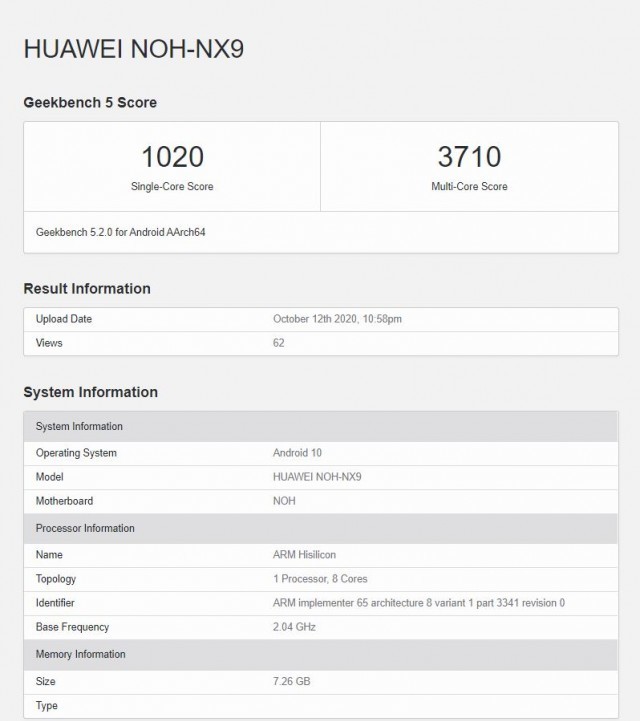 SoC Kirin 9000 z Huawei Mate 40 Pro przetestowany w Geekbench [2]