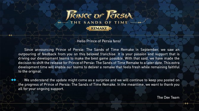 Prince of Persia: Piaski Czasu Remake - Ubisoft opóźnia tytuł na bliżej nieokreślony termin. Potrzebne dalsze poprawki w grze [2]