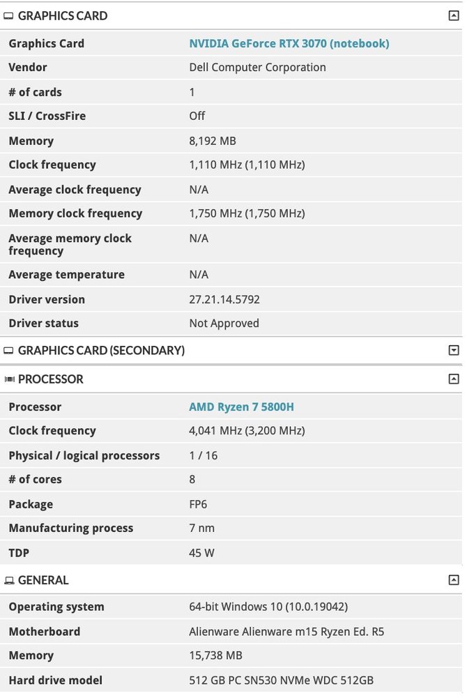 Dell Alienware m15 R5 oraz Razer Blade 14 z AMD Ryzen 9 5900HX oraz kartami GeForce RTX 3060 i RTX 3070 w bazie 3DMark [3]