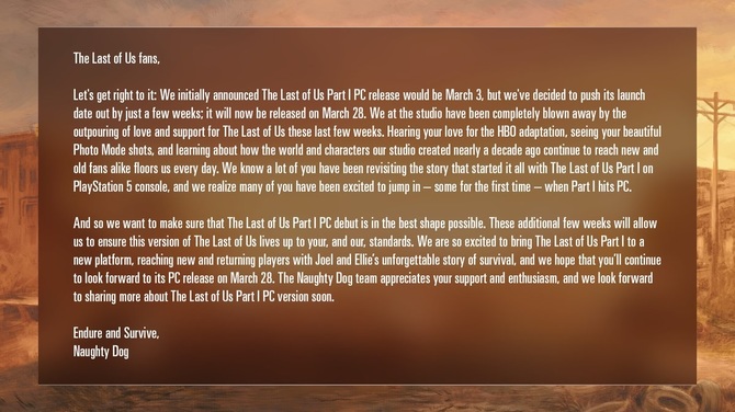 Premiera gry The Last of Us Part I w wersji PC została opóźniona. Producent nie chce podzielić losów Cyberpunka 2077 [2]