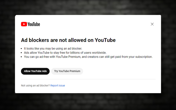 YouTube może uniemożliwić oglądanie filmów w przypadku, gdy użytkownik korzysta z rozszerzeń blokujących reklamy [2]