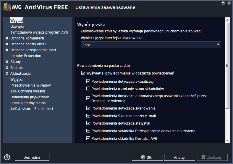 Darmowy antywirus po polsku - okno konfiguracji AVG