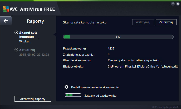 Darmowy antywirus po polsku - okno skanowania w AVG