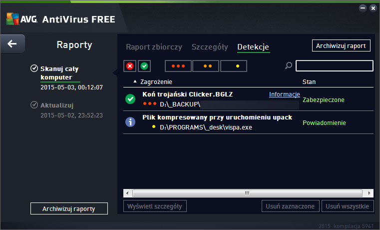 Darmowy antywirus po polsku - okno detekcji w AVG