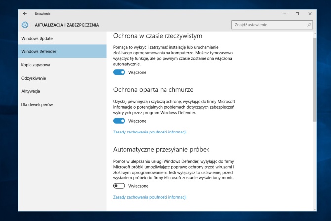 Ochrona Windows - Ustawienia Windows Defender #1