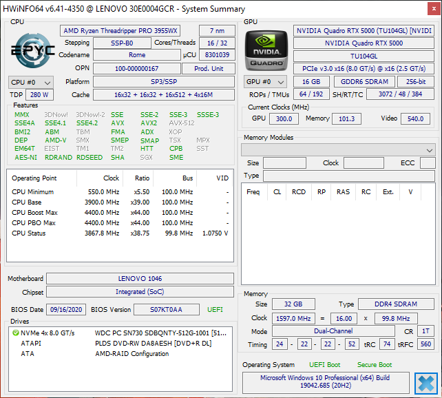 Test Lenovo ThinkStation P620 z procesorem AMD Ryzen Threadripper PRO 3955WX oraz kartą NVIDIA Quadro RTX 5000 [64]