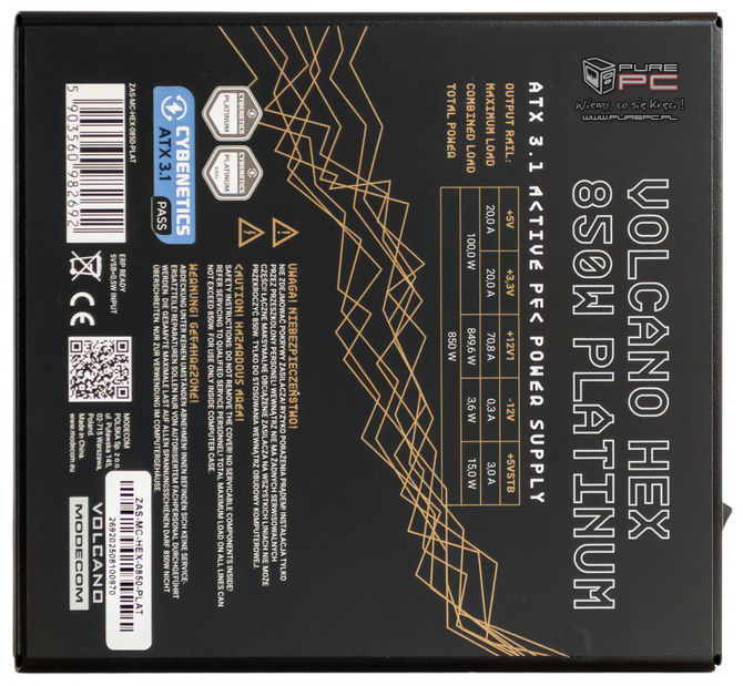 Recenzja zasilacza Modecom Volcano HEX 850 W Platinum - Dobra jakość, 10 lat gwarancji i wysoka sprawność w niskiej cenie [nc1]