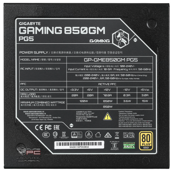 Test zasilacza Gigabyte Gaming 850GM PG5 - Poprawiona platforma i monitorowane złącze 12Vx6 przepisem na sukces? [nc1]