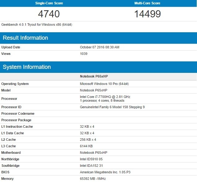 Pierwsze wyniki wydajności procesora Intel Core i7-7700HQ [1]