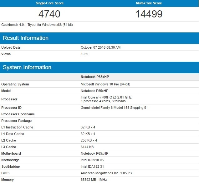 Pierwsze wyniki wydajności procesora Intel Core i7-7700HQ [1]