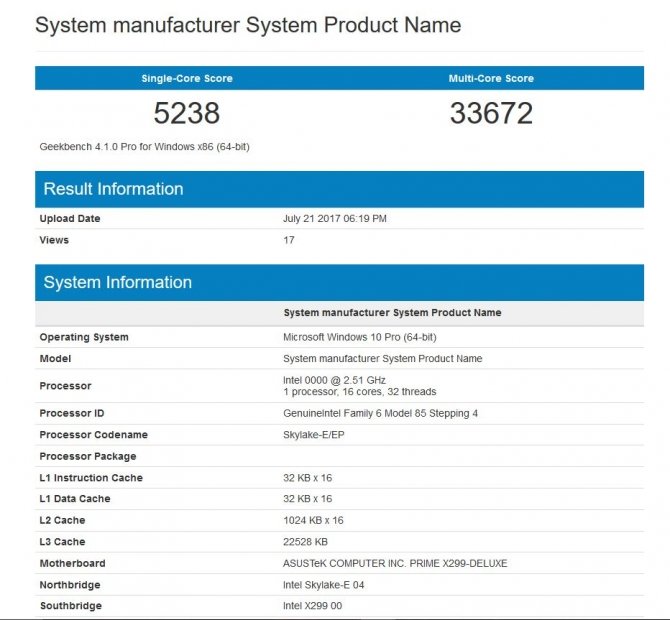 Wczesna wersja chipu Intel Core i9-7960X w GeekBench 4.0 [2]