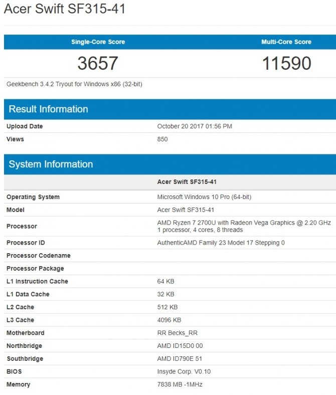 APU AMD Ryzen 7 2700U przetestowane w benchmarku GeekBench [2]