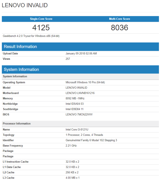 Intel Core i3-8121U - pierwsze wyniki wydajności procesora [2]