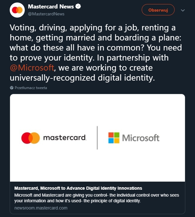 Microsoft i MasterCard pracują nad wspólnym cyfrowym dowodem [1]