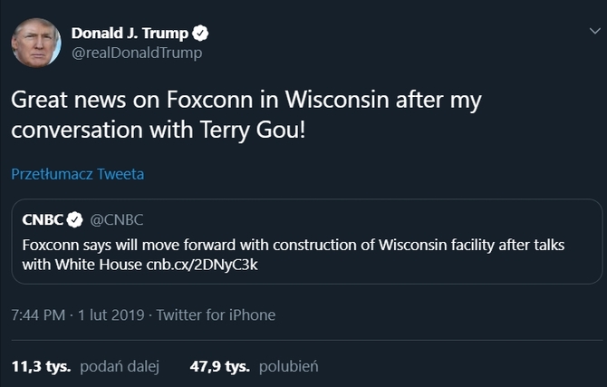 Po interwencji Trumpa Foxconn jednak zbuduje fabrykę w USA [2]