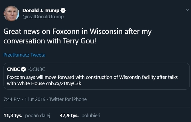 Po interwencji Trumpa Foxconn jednak zbuduje fabrykę w USA [2]