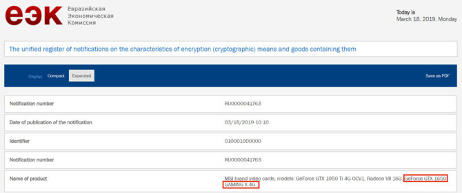 MSI GeForce GTX 1650 Gaming X zauważony na stronie EEC [2]