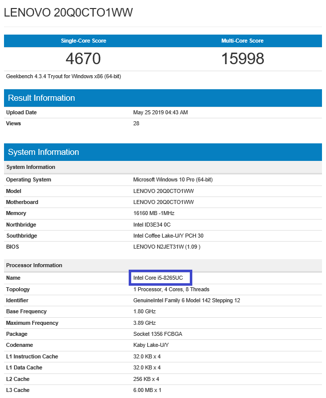 Intel Core i5-8265UC w bazie GeekBench oraz UserBenchmark [2]