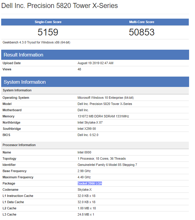 Intel Cascade Lake-X z 18 rdzeniami zauważony w Geekbench [3]