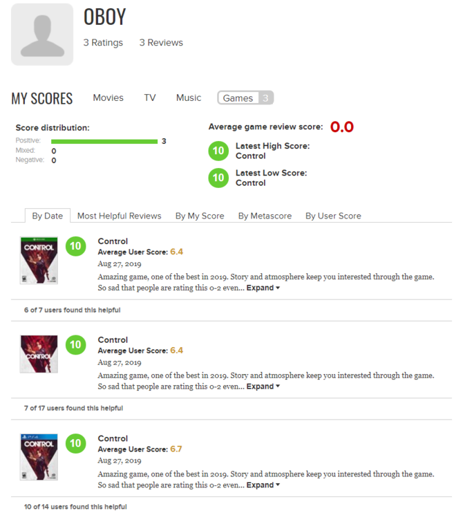 Gra Control na Metacritic - oceny podbijane przez fejkowych graczy? [1]