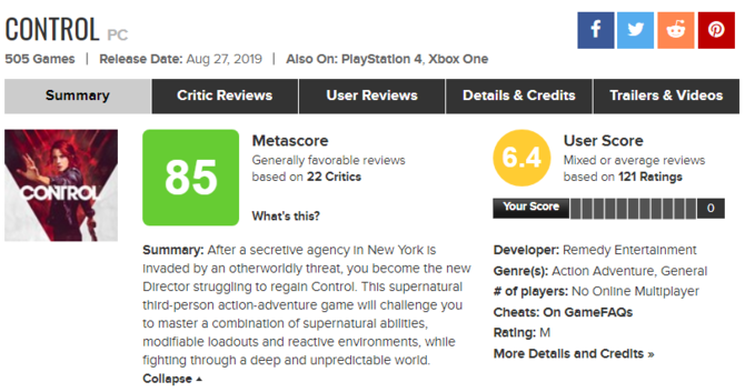 Gra Control na Metacritic - oceny podbijane przez fejkowych graczy? [3]