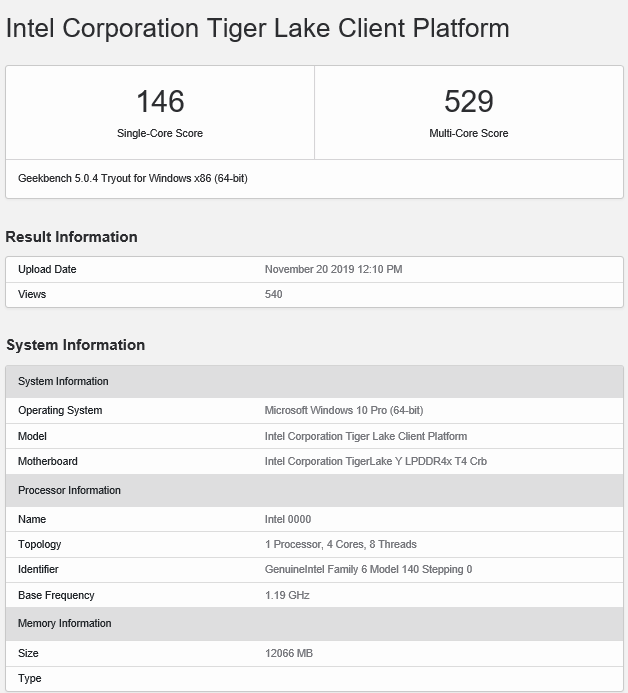 Intel Tiger Lake-Y - tajemniczy procesor ujawniony w GeekBench [2]