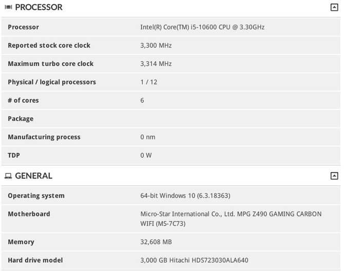 Intel Core i5-10600 w bazie 3DMark. Możliwe 6 rdzeni i 12 wątków [2]