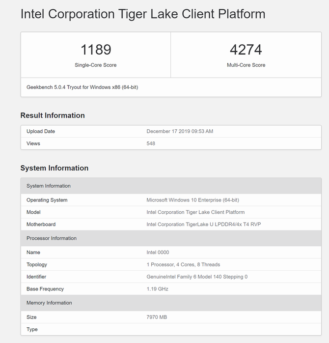 Intel Tiger Lake-U - nowe testy procesora w bazie GeekBench  [2]