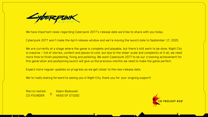 Cyberpunk 2077 - studio CD Projekt RED potwierdziło opóźnienie gry [2]