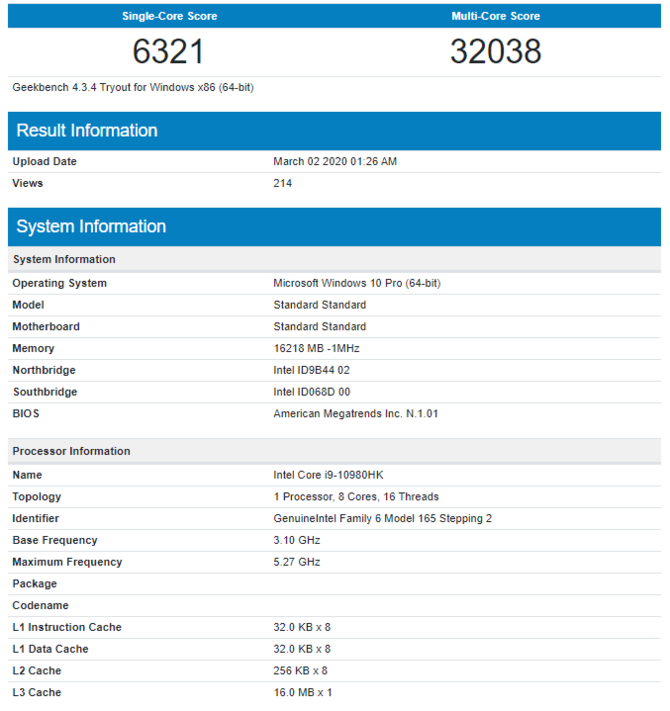 Intel Core i9-10980HK osiąga taktowanie na poziomie 5,3 GHz [2]