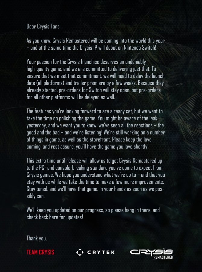 Crysis Remastered - studio Crytek odwołało dzisiejszą prezentację [8]