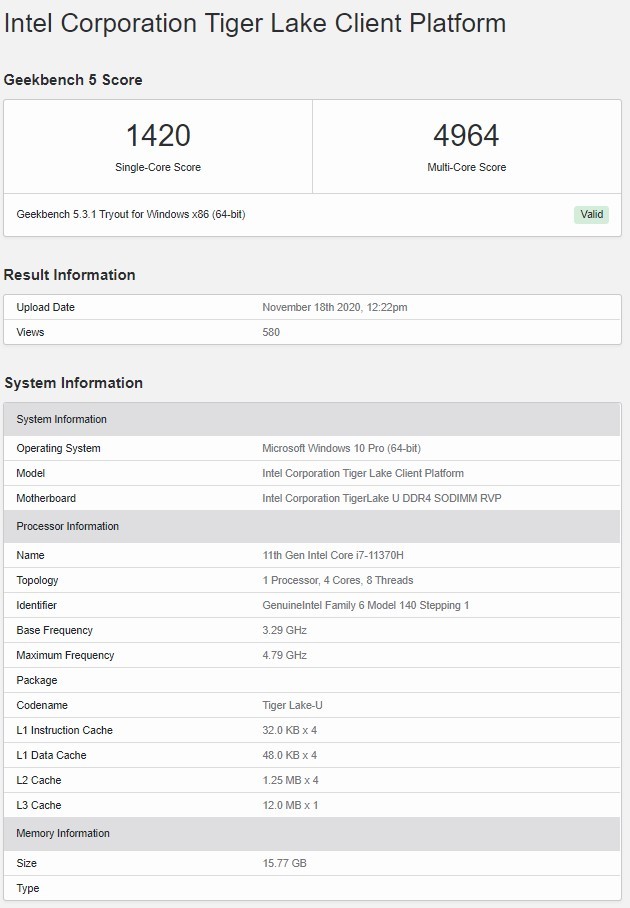 Intel Core i7-11370H - układ Tiger Lake-H z 4 rdzeniami i 8 wątkami [2]