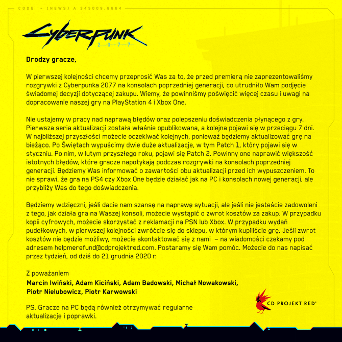 CD Projekt RED przeprasza za konsolową wersję Cyberpunk 2077. Możliwy zwrot gry, kolejne patche naprawiające grę w drodze [2]