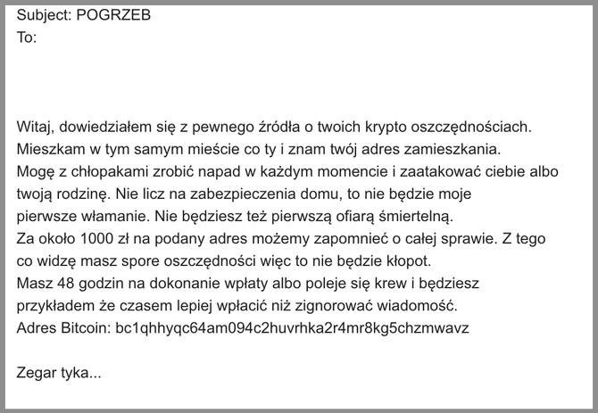 Polacy korzystający z kryptowalut otrzymują wiadomości z pogróżkami. W tle pojawia się próba wyłudzenia pieniędzy [3]