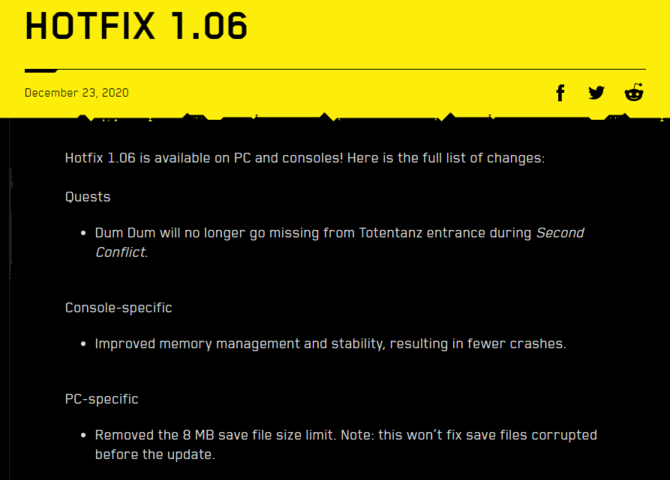 Cyberpunk 2077 - Patch 1.06 usuwa problem związany z plikami zapisu. Poprawiono też optymalizację na konsolach [3]