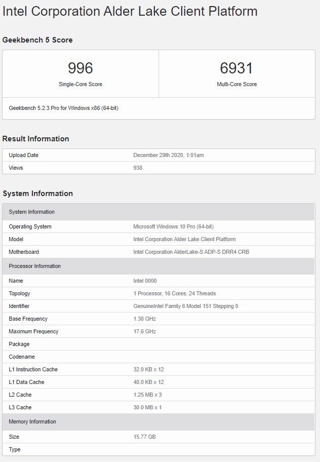 Intel Alder Lake-S - wczesna próbka inżynieryjna 10 nm procesora Golden Cove i Gracemont trafiła do bazy GeekBench [2]