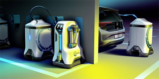 Volkswagen zaprezentował działający prototyp robota, który będzie ładował samochody elektryczne. Przypomina on R2-D2 [1]
