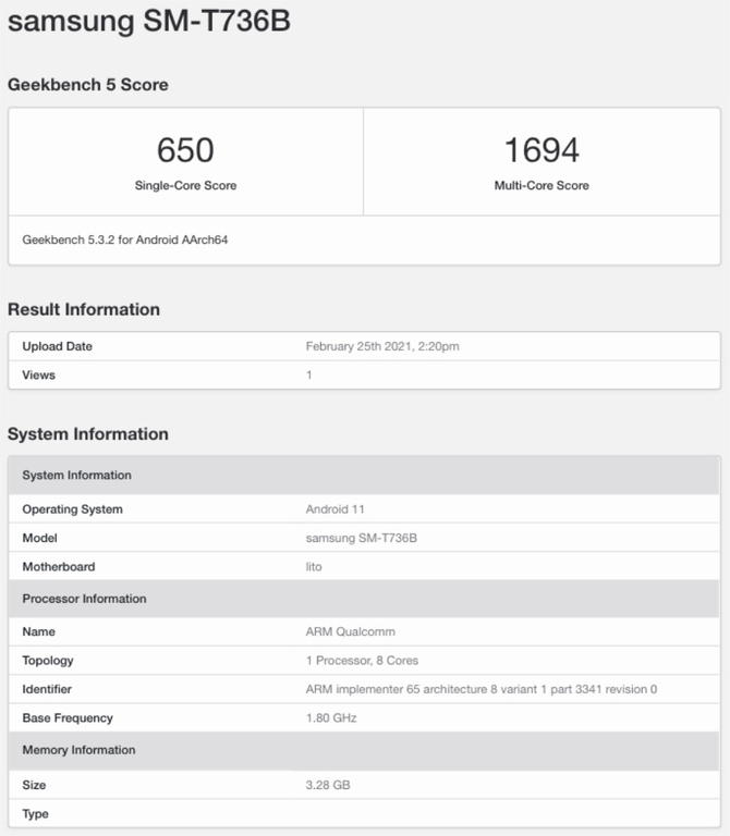 Samsung Galaxy Tab S7 Lite – Tablet gości w bazie Geekbench, odsłaniając część specyfikacji technicznej [3]