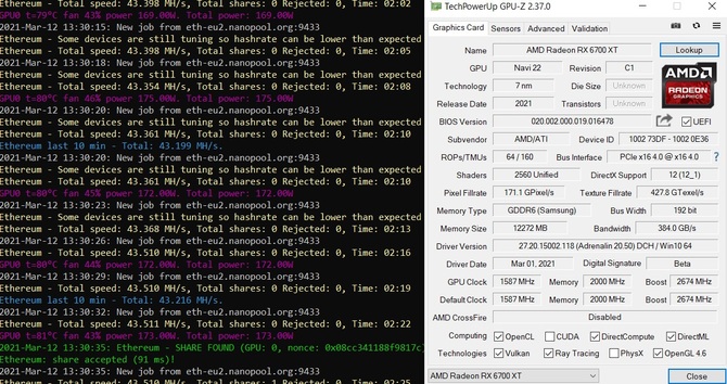 AMD Radeon RX 6700 XT - karta graficzna jest dużo wolniejsza w kopaniu Ethereum w porównaniu do Radeona RX 5700 XT [2]