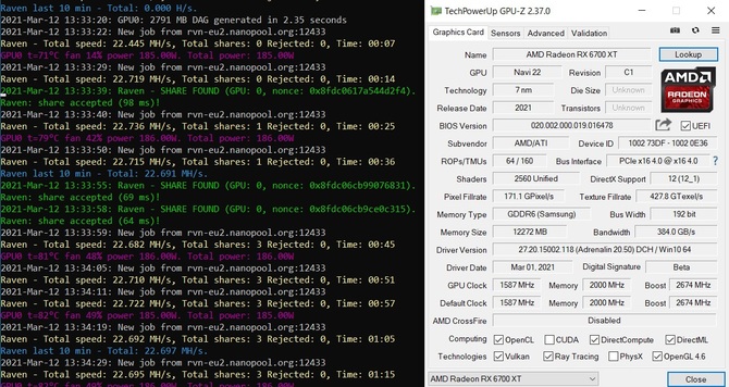 AMD Radeon RX 6700 XT - karta graficzna jest dużo wolniejsza w kopaniu Ethereum w porównaniu do Radeona RX 5700 XT [3]