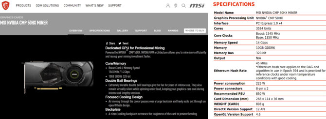 MSI CMP 50HX MINER - producent ujawnia specyfikację karty do kopania Ethereum. W środku mocno obcięty rdzeń Turing TU102 [2]