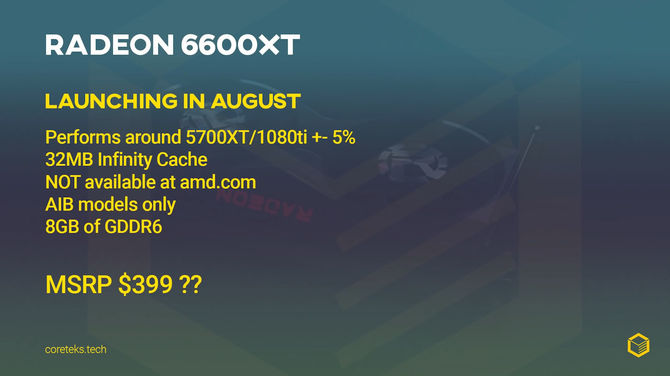 AMD Radeon RX 6600 XT z debiutem w sierpniu, w cenie 399 dolarów i tylko w wersjach niereferencyjnych [2]