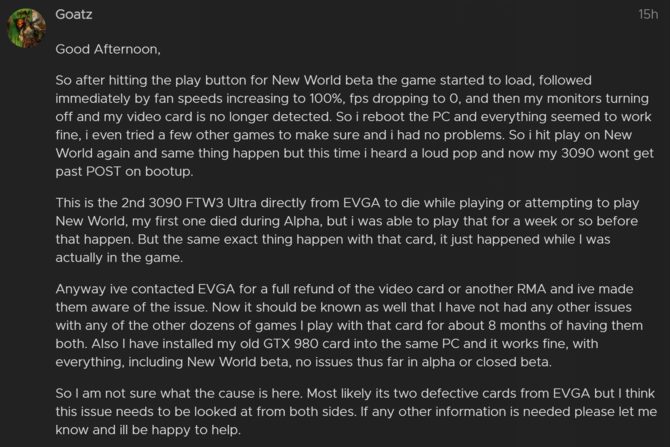 Gra New World od Amazonu psuje karty graficzne GeForce RTX 3090 po około 15-30 minutach grania [1]