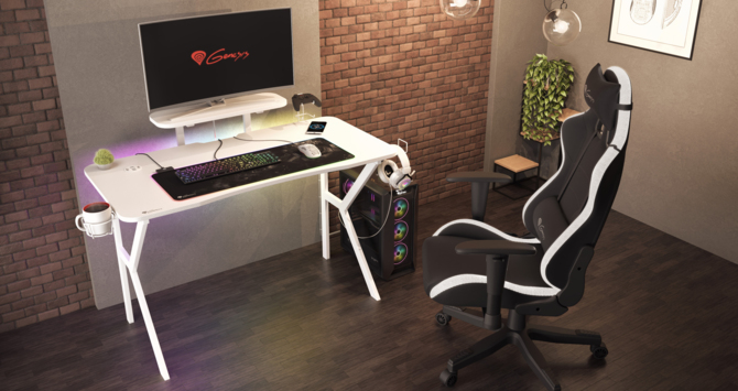 Genesis Holm 320 RGB White – doposażone biurko dla graczy z dodatkową półką na monitor i ładowarką indukcyjną [1]