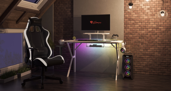 Genesis Holm 320 RGB White – doposażone biurko dla graczy z dodatkową półką na monitor i ładowarką indukcyjną [2]