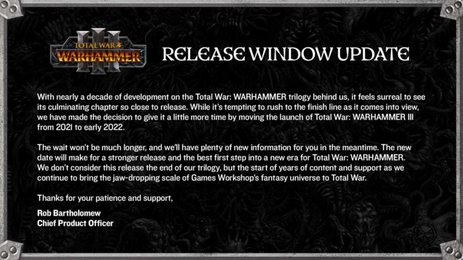 Total War: Warhammer III - Strategia od Creative Assembly zalicza opóźnienie. Premiera gry została przesunięta na 2022 rok [2]