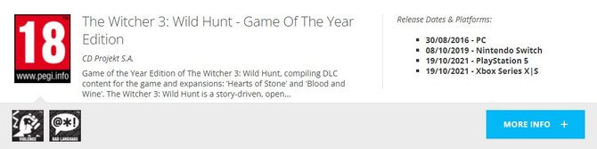 Wiedźmin 3: Dziki Gon w wersji dla konsol PlayStation 5 oraz Xbox Series X/S został oceniony przez PEGI [2]