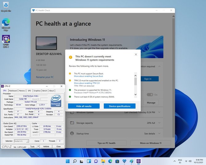 Windows 11 działa na komputerze z  15-letnim procesorem Pentium 4, choć ten nie jest na liście wspieranych urządzeń [2]