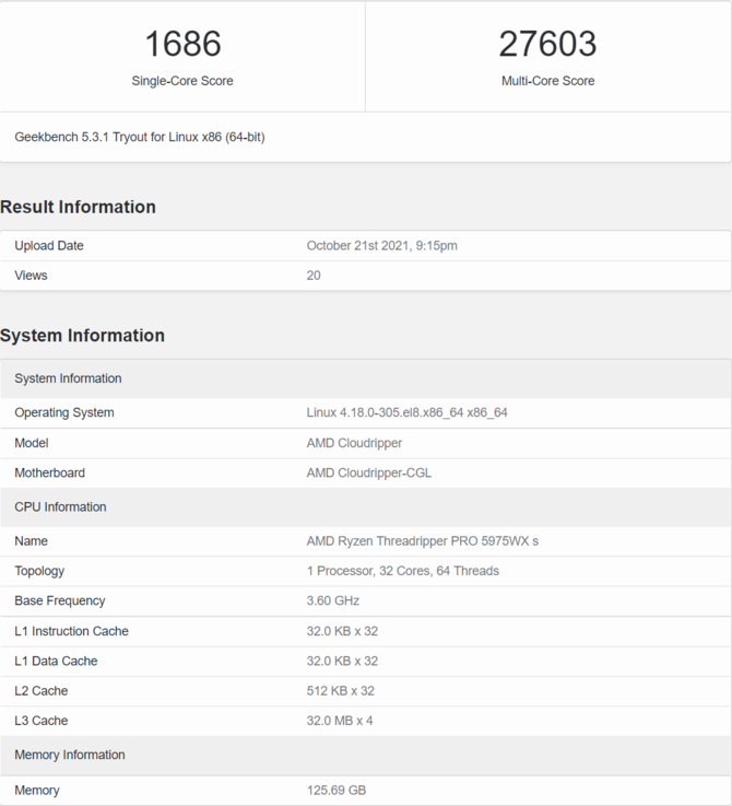 AMD Ryzen Threadripper PRO 5975WX - 32-rdzeniowy procesor Zen 3 Chagall przetestowano w programie GeekBench [2]